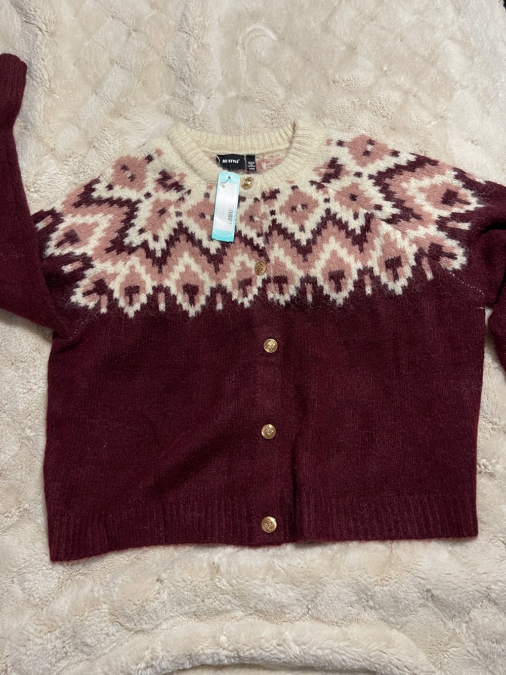 RD Style Burgundy & Cream Fair Isle Button Cardigan